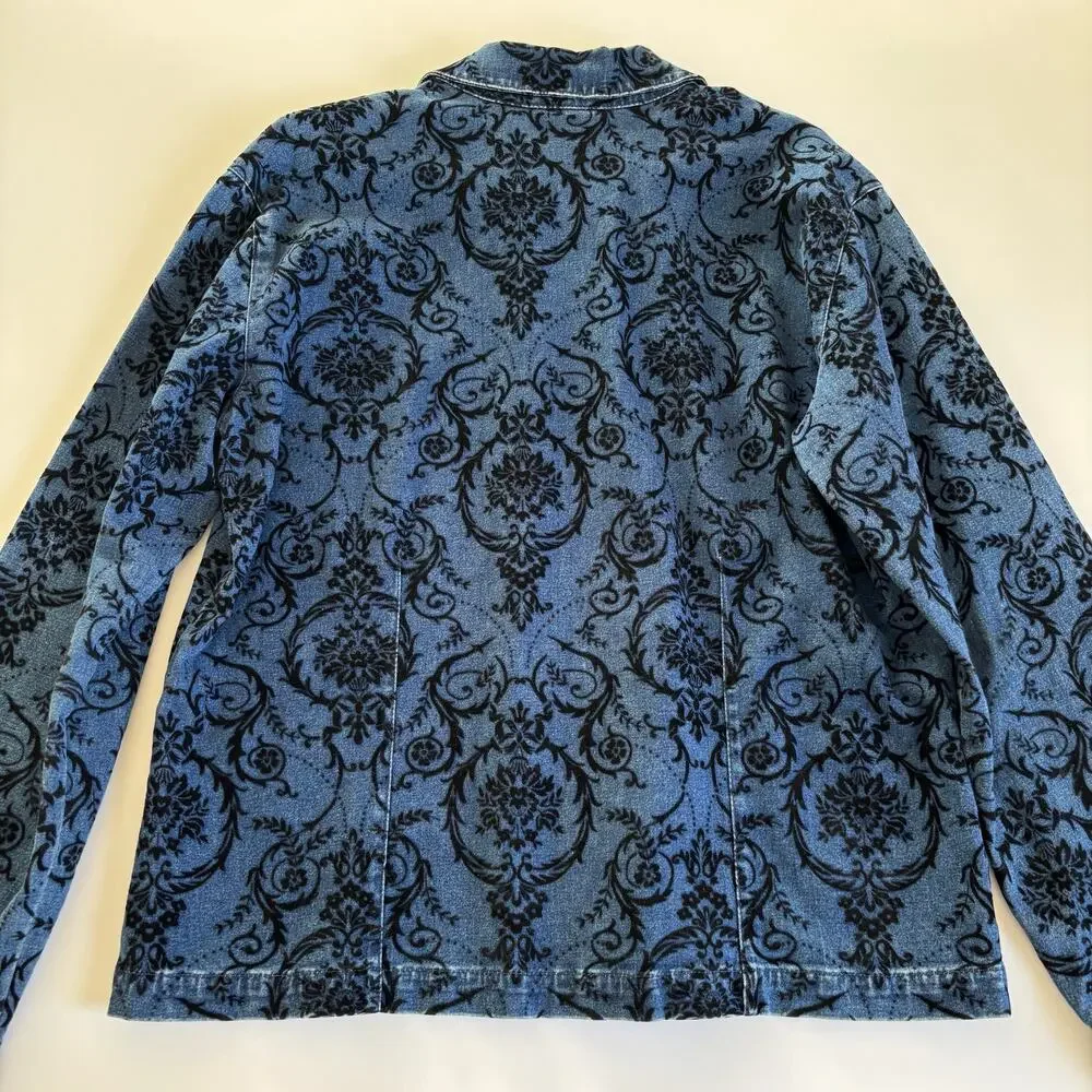 Vintage Chico’s Design Blue Denim Jacket Black Velvet Floral Damask Pattern Sz 2